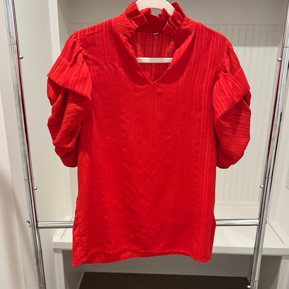 Red Pleated Ruffled Blouse with Mandarin Collar